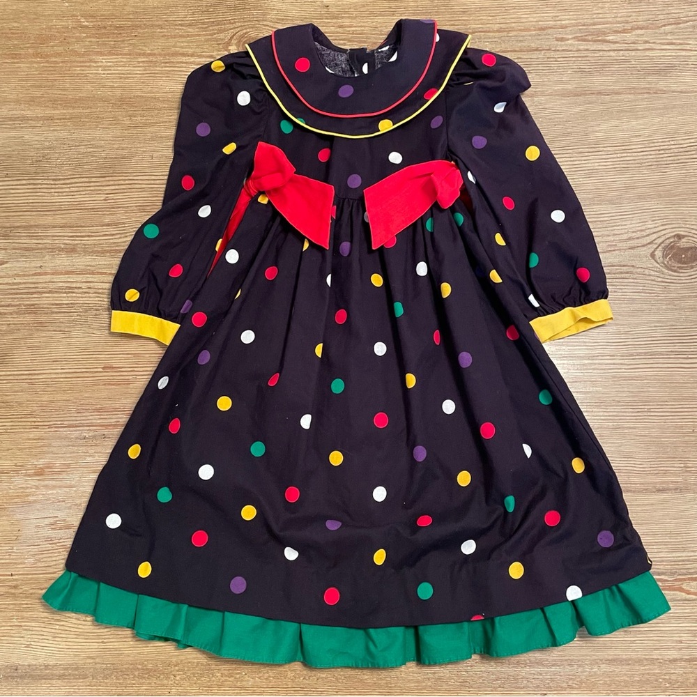 Vintage Cotton Sarah Kent Colorful Polka Dot Dress with Red Bows